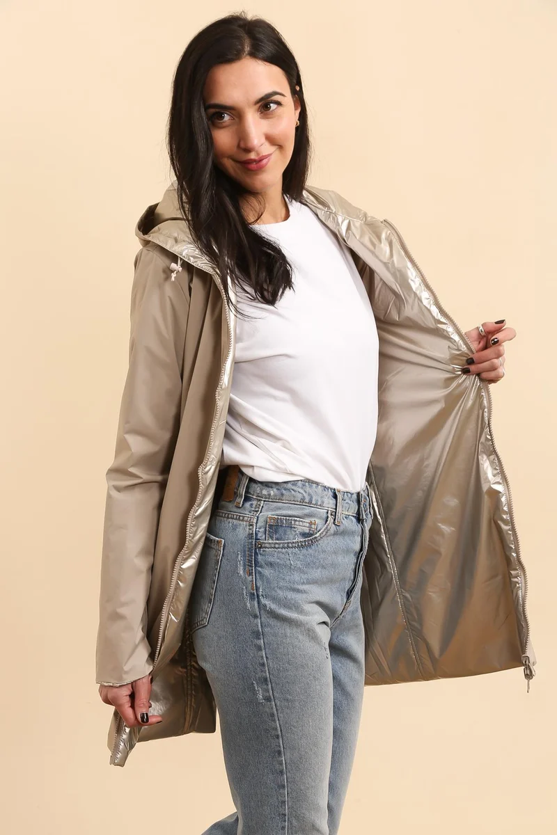 Imperméable réversible long mi-saison brillant