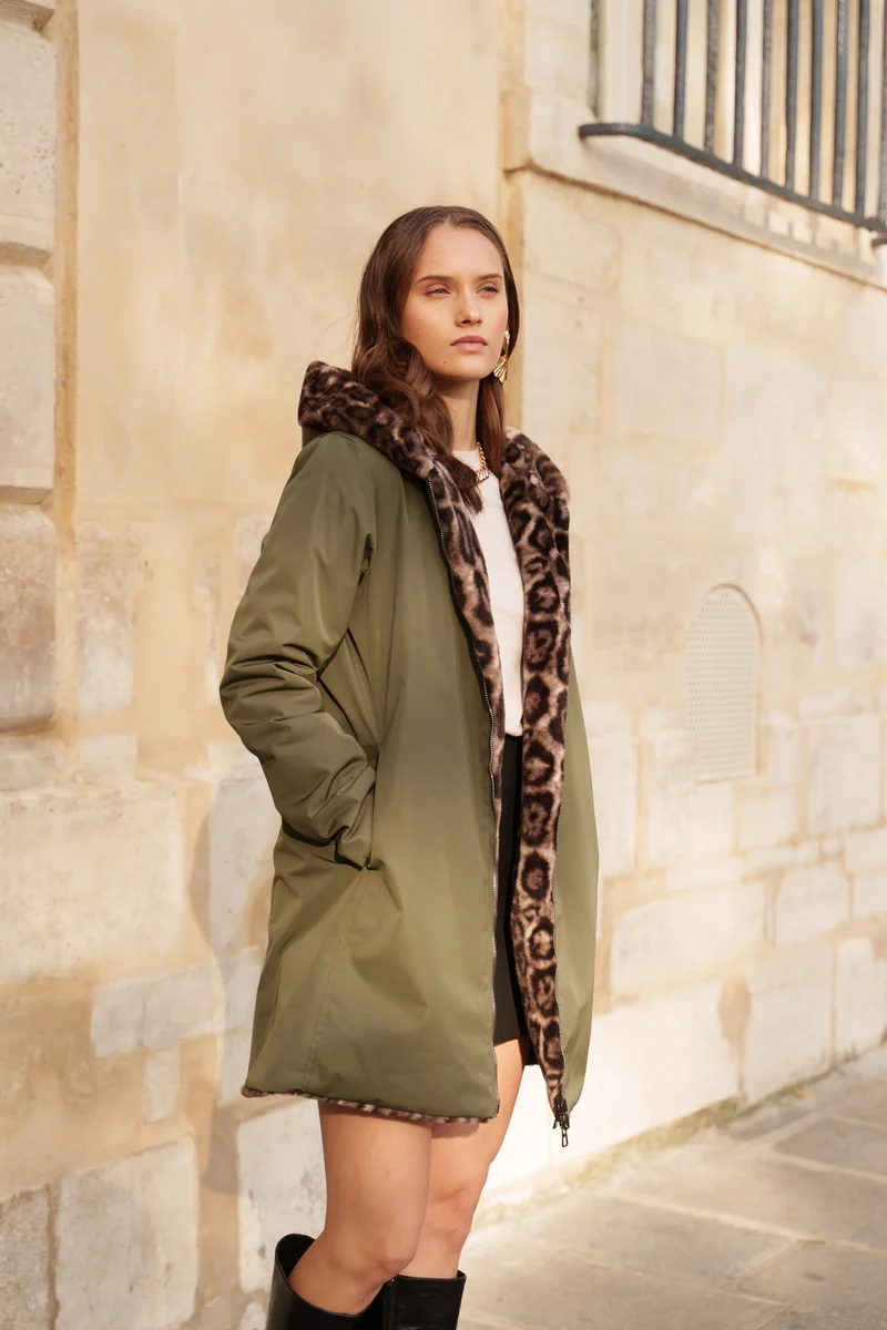Imperméable fourré réversible long léopard