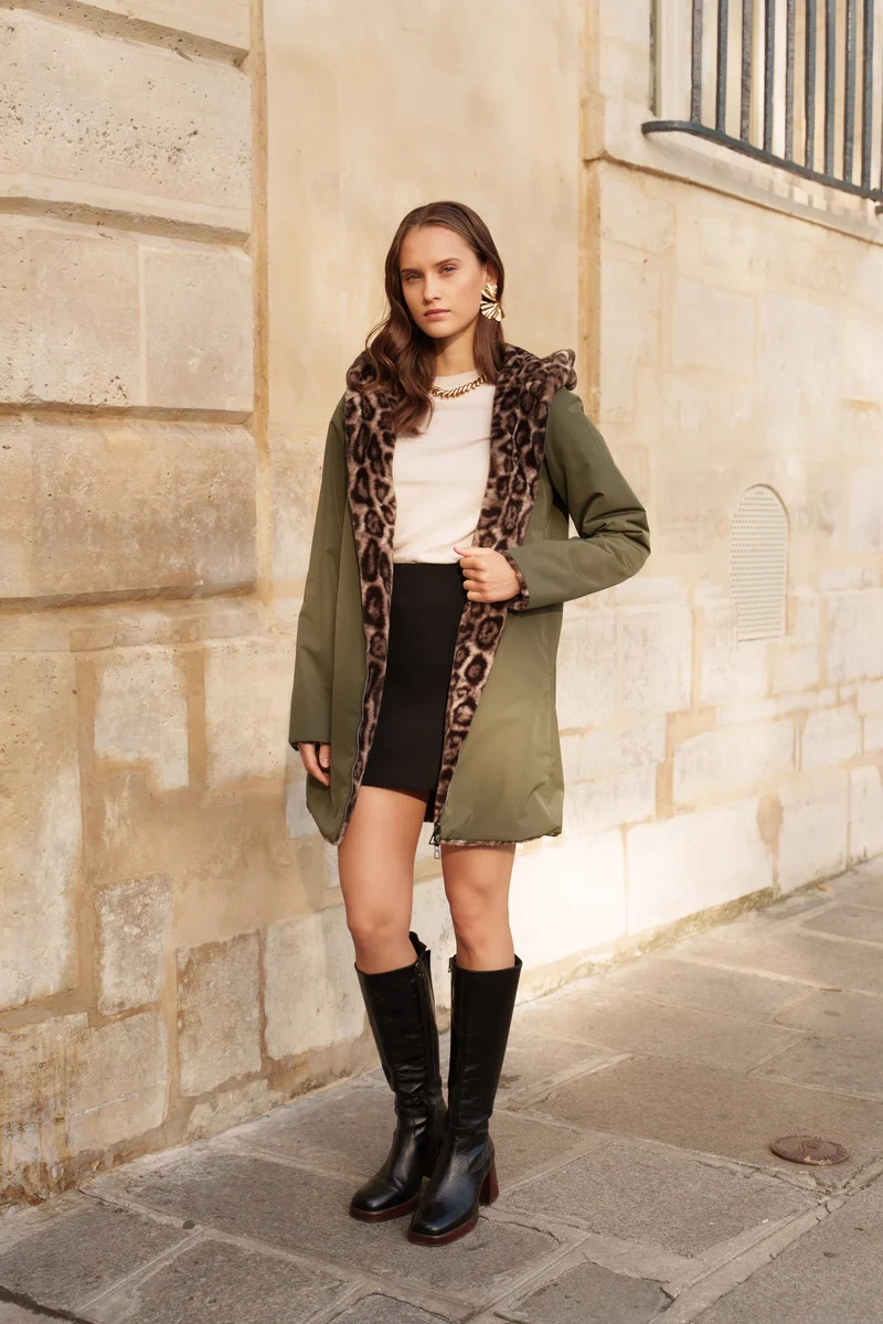 Imperméable fourré réversible long léopard