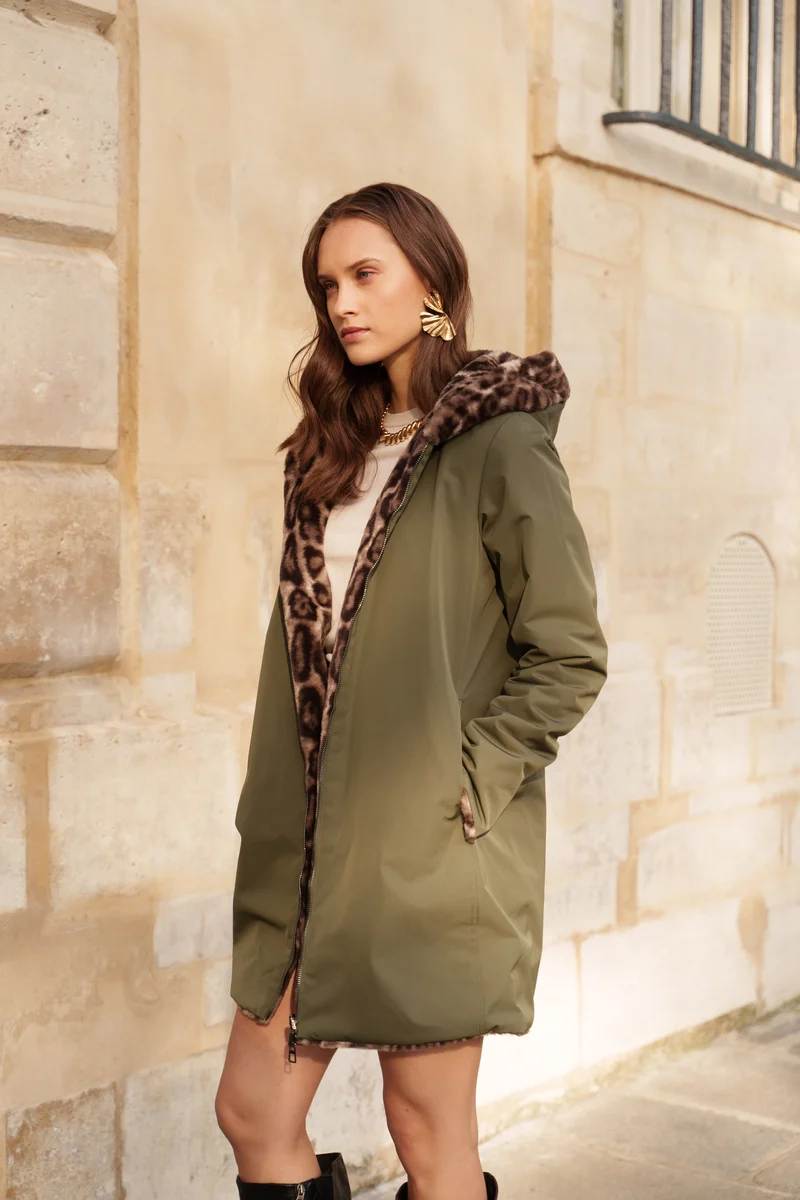 Imperméable fourré réversible long léopard