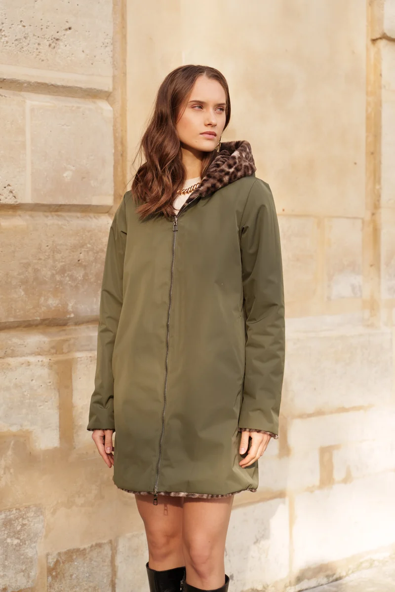 Imperméable fourré réversible long léopard