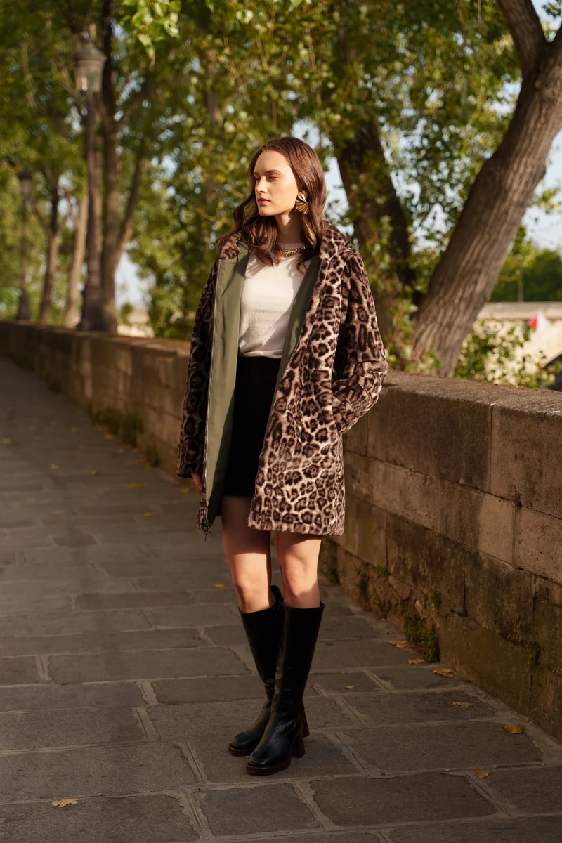 Imperméable fourré réversible long léopard