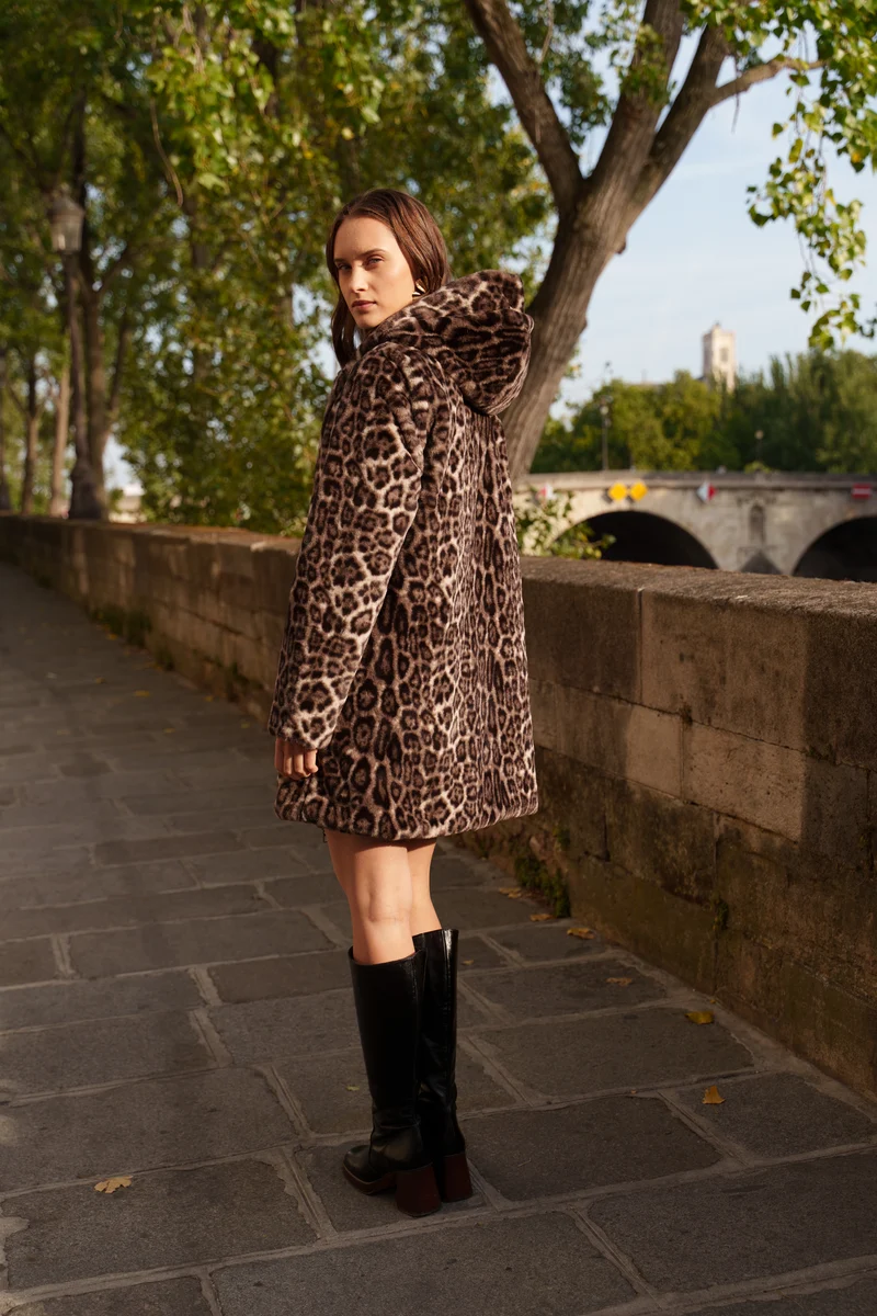 Imperméable fourré réversible long léopard