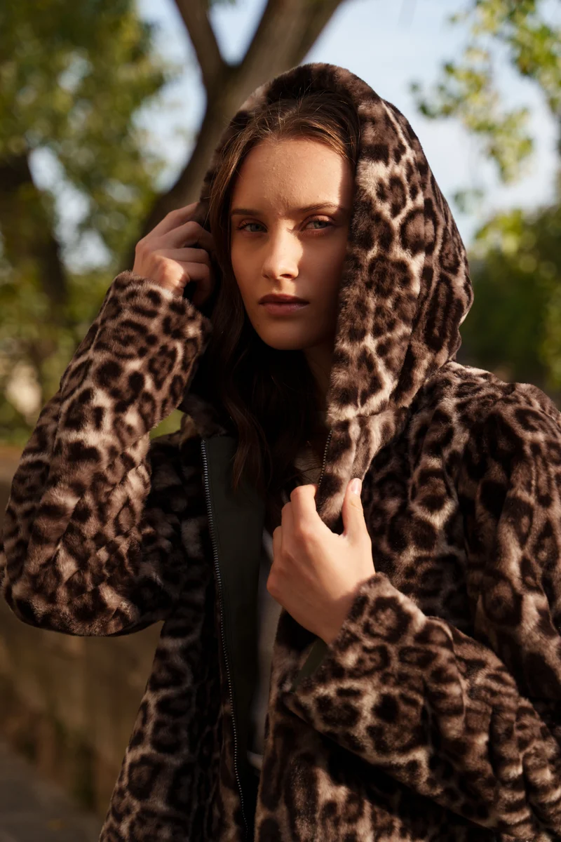 Imperméable fourré réversible long léopard