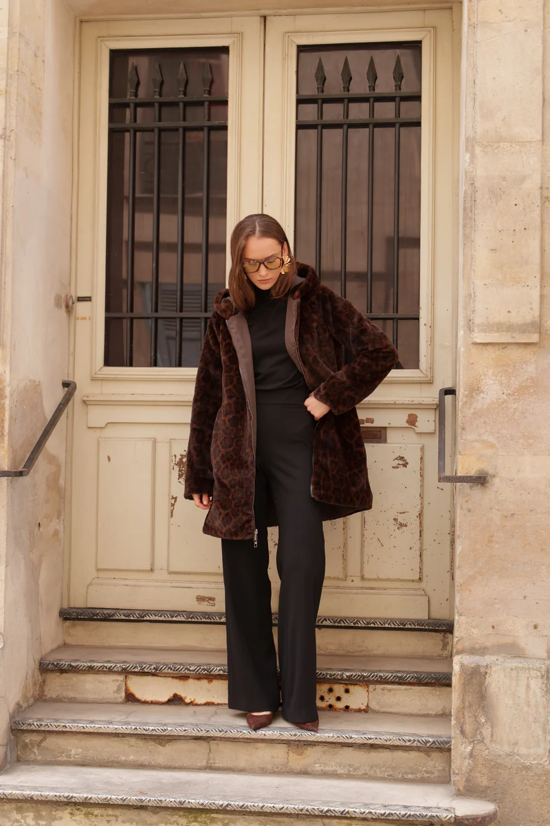 Imperméable fourré réversible long léopard