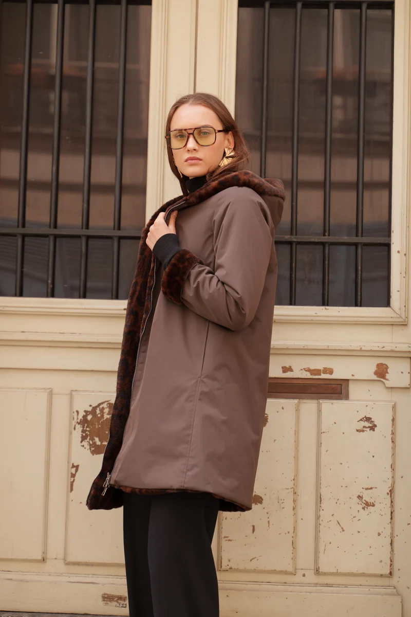 Imperméable fourré réversible long léopard