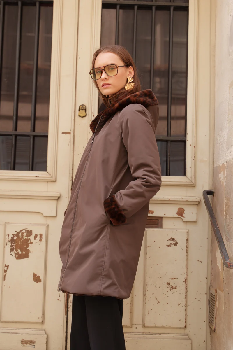 Imperméable fourré réversible long léopard