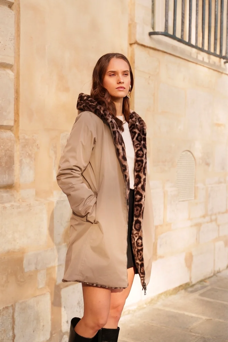 Imperméable fourré réversible long léopard