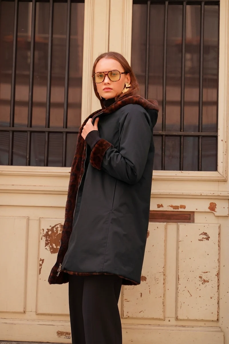 Imperméable fourré réversible long léopard