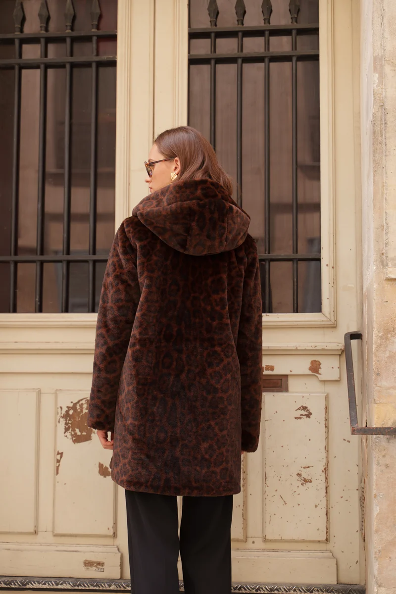 Imperméable fourré réversible long léopard