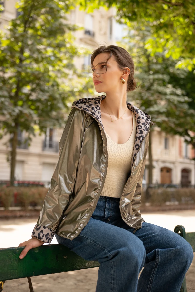 Imperméable réversible court mi-saison léopard