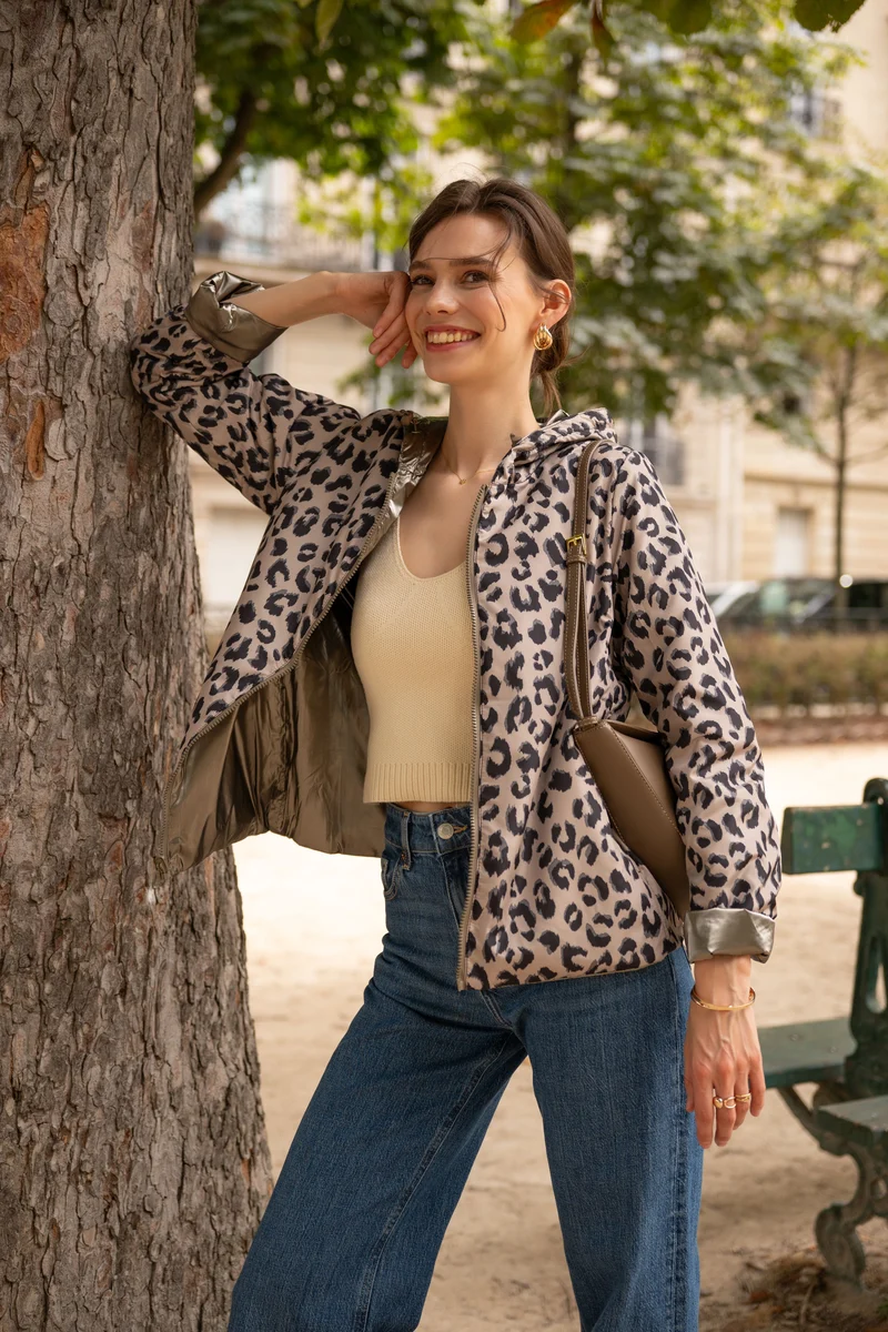 Imperméable réversible court mi-saison léopard