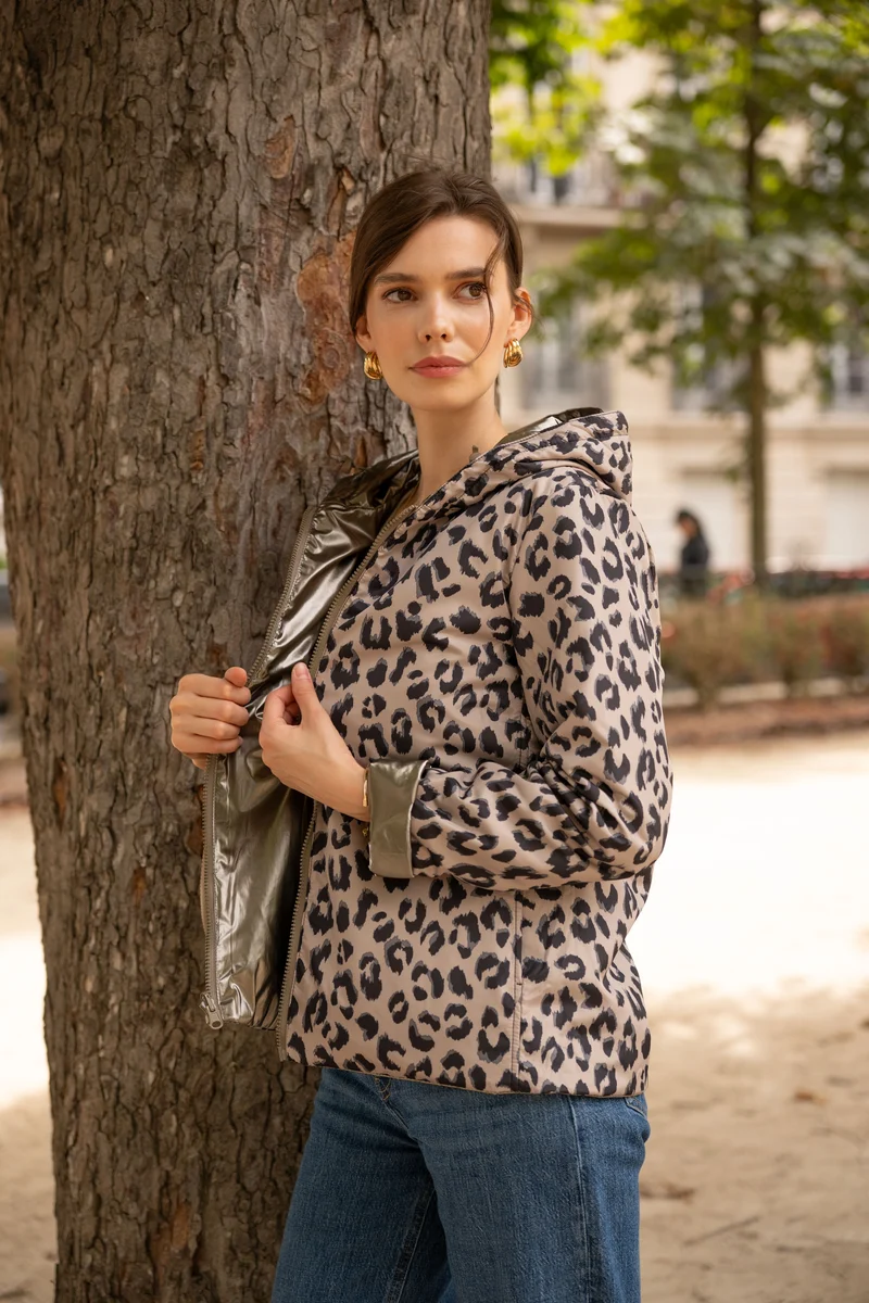 Imperméable réversible court mi-saison léopard