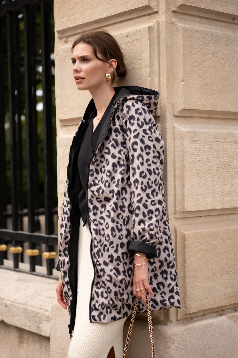 Imperméable réversible long mi-saison léopard