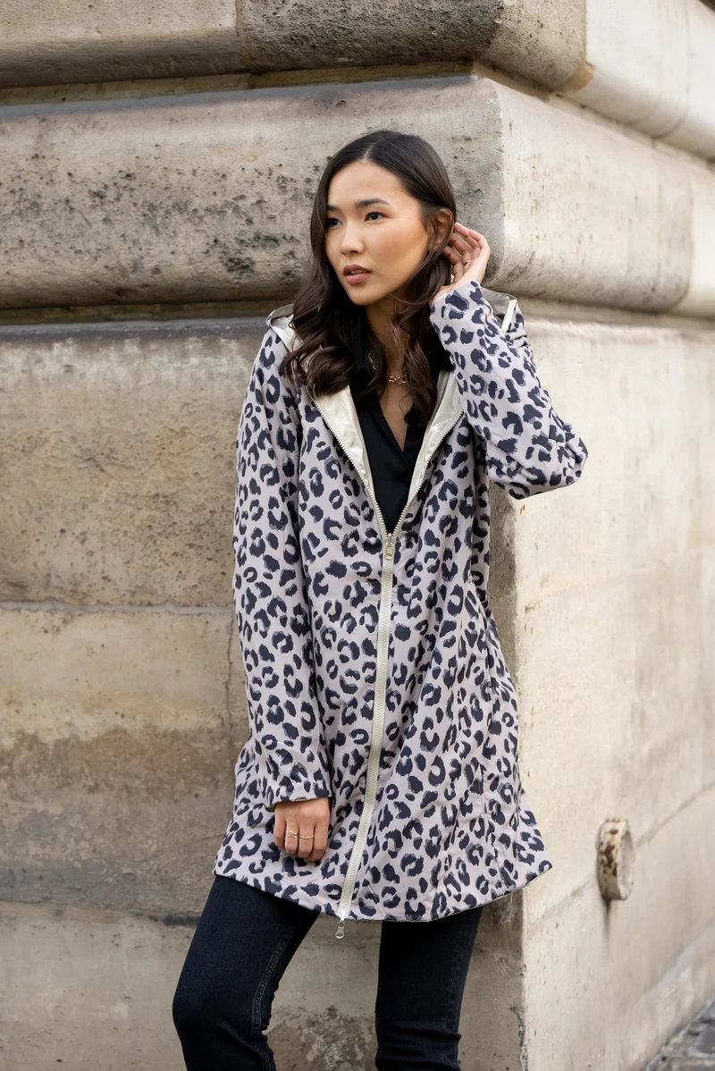 Imperméable réversible long mi-saison léopard