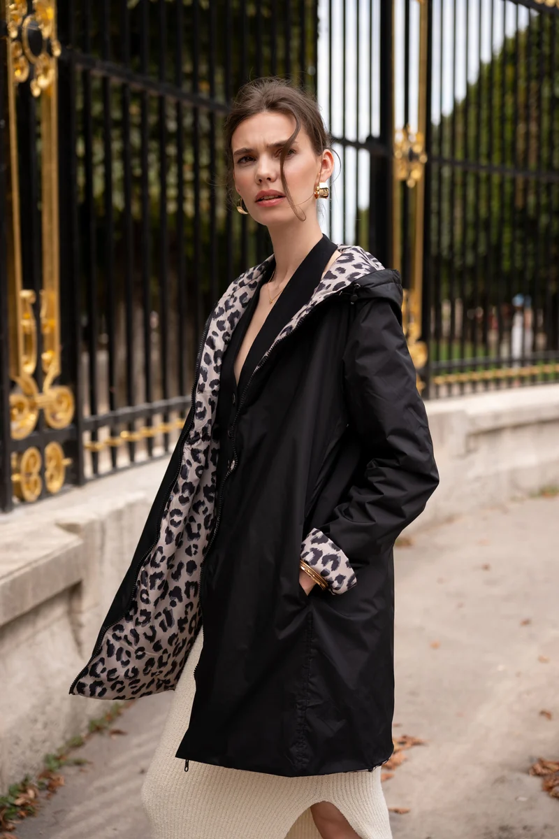 Imperméable réversible long mi-saison léopard