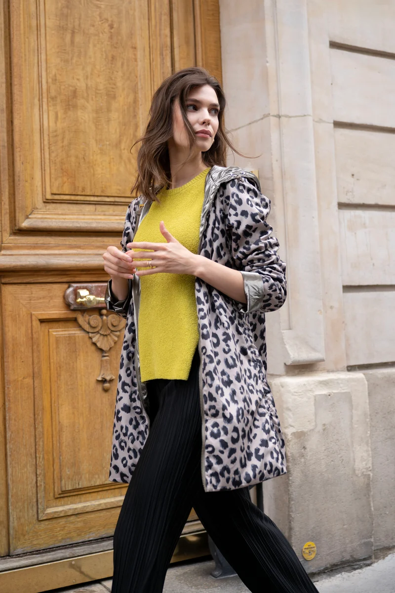 Imperméable réversible long mi-saison léopard