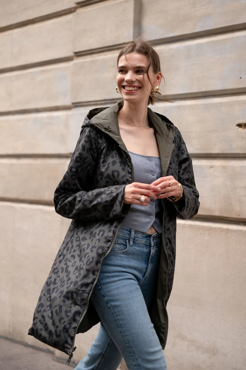 Imperméable réversible long mi-saison léopard
