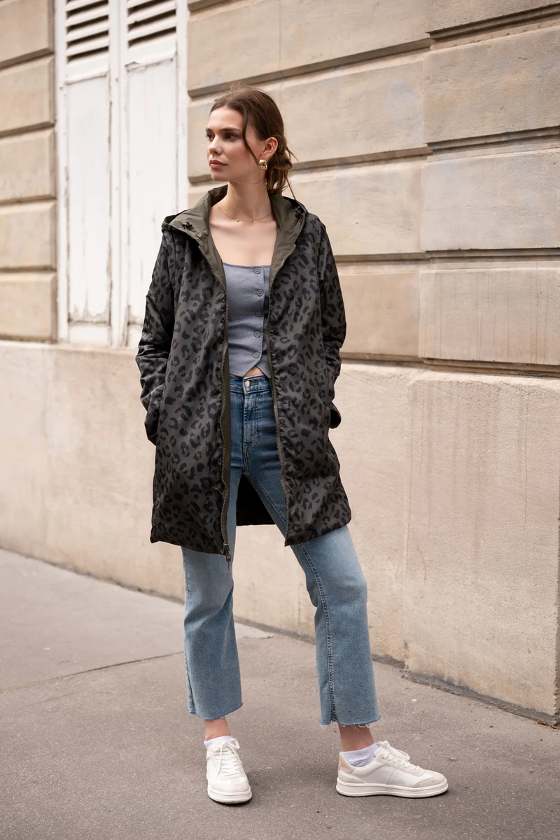 Imperméable réversible long mi-saison léopard