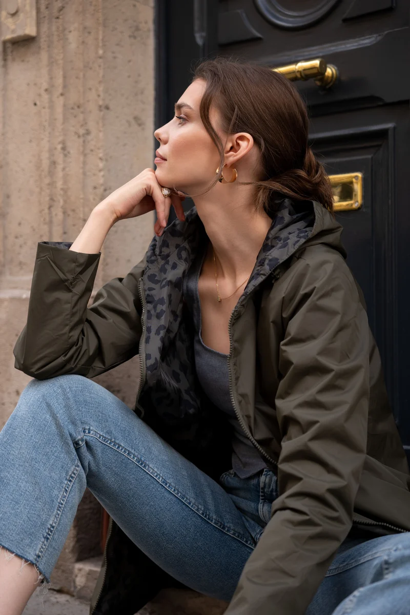 Imperméable réversible long mi-saison léopard
