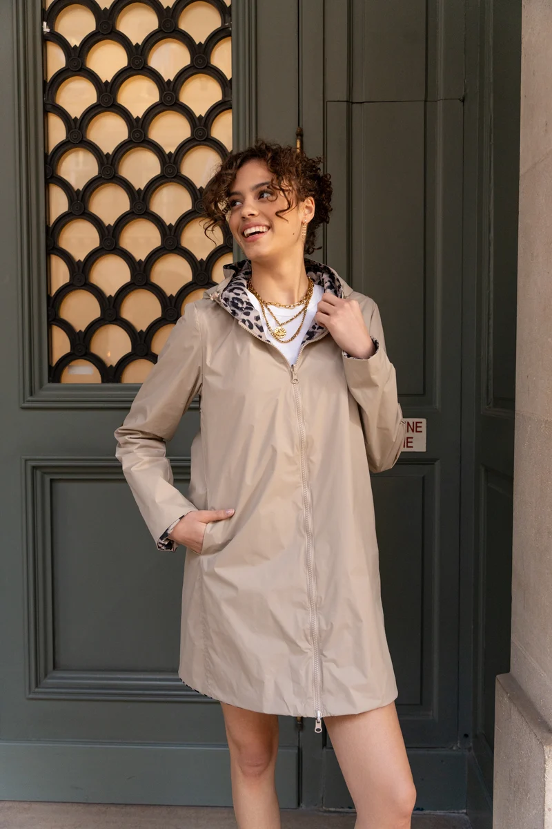 Imperméable réversible long mi-saison léopard