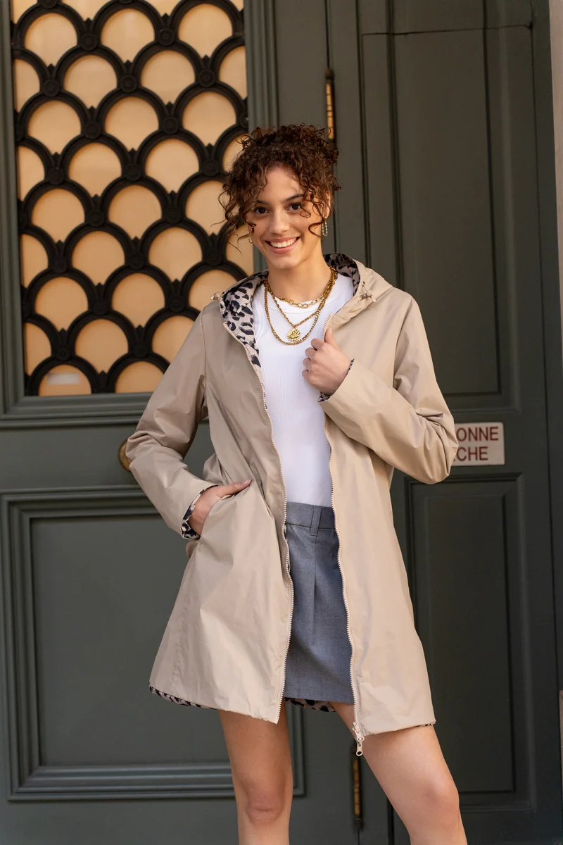 Imperméable réversible long mi-saison léopard