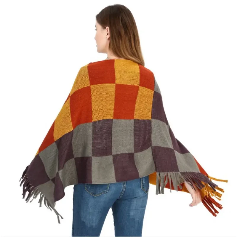 Poncho Carreaux Chaud Pour Femme