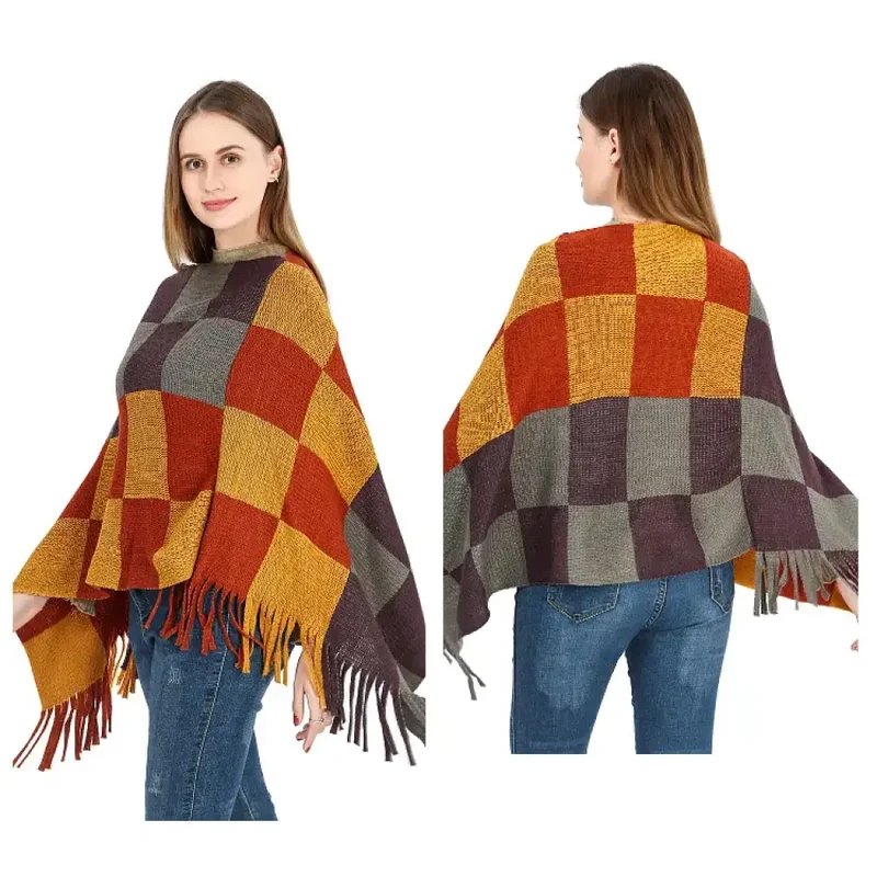 Poncho Carreaux Chaud Pour Femme