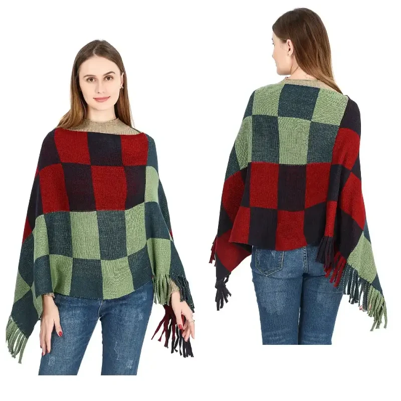 Poncho Carreaux Chaud Pour Femme