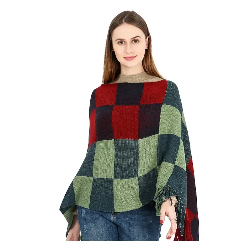 Poncho Carreaux Chaud Pour Femme