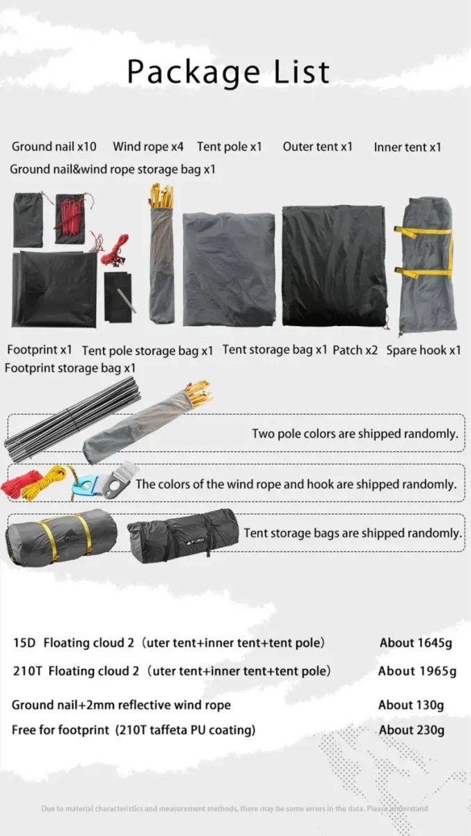 Tente de bivouac / camping double-parois autoportante en nylon ultraléger 15D enduit de silicone "3F UL Gear - Floating Cloud"