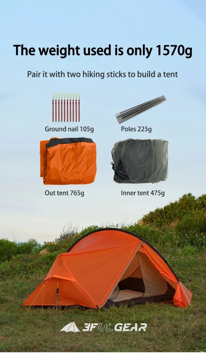 Tente hybride double-parois pour le bivouac / camping avec large espace intérieur 1,9kg "3F UL GEAR - SHELL 2"
