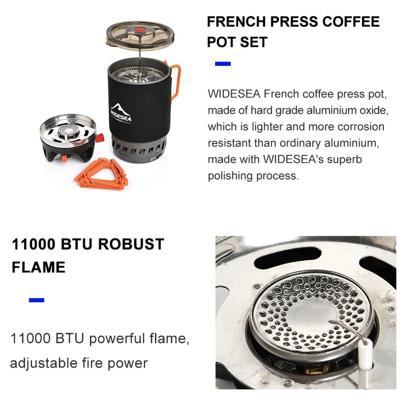 Système de cuisson avec réchaud à gaz de 1100 BTU et cafetière à piston de 900ML "Widesea - WSJC-001"
