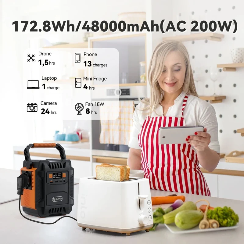 Station d'alimentation / générateur solaire avec batterie 172,8 Wh, prises 230V et LED "FF Flashfish - A201"