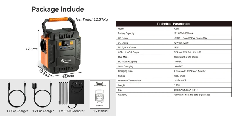 Station d'alimentation / générateur solaire avec batterie 172,8 Wh, prises 230V et LED "FF Flashfish - A201"
