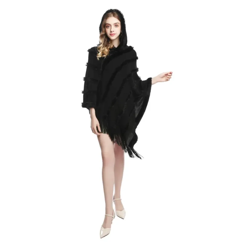 Poncho cape femme avec capuche noir