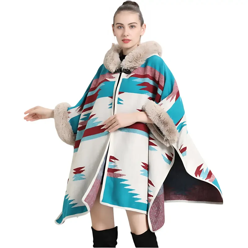 Poncho femme chaud pour hiver avec capuche