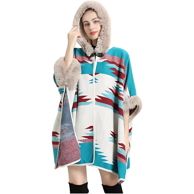Poncho femme chaud pour hiver avec capuche