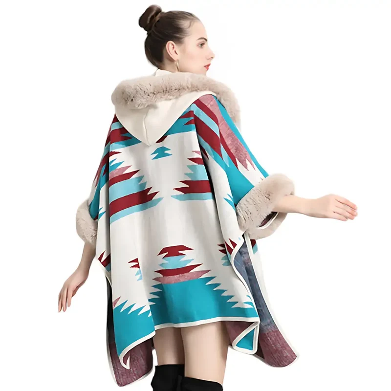Poncho femme chaud pour hiver avec capuche