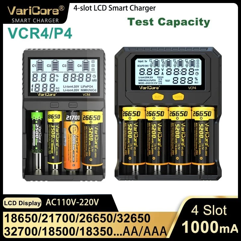 Chargeur intelligent avec écran LCD pour batteries Li-ion 3,7V / LiFePO4 3,2V / Ni-MH 1,2V "VariCore VCR4/P4"
