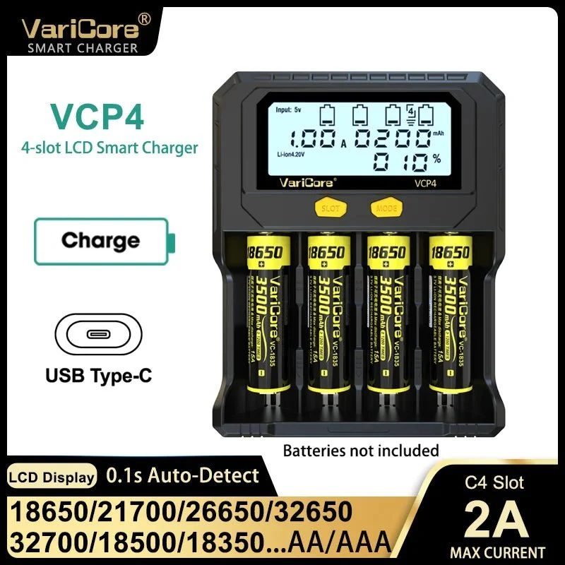 Chargeur intelligent avec écran LCD pour batteries Li-ion 3,7V / LiFePO4 3,2V / Ni-MH 1,2V "VariCore VCR4/P4"