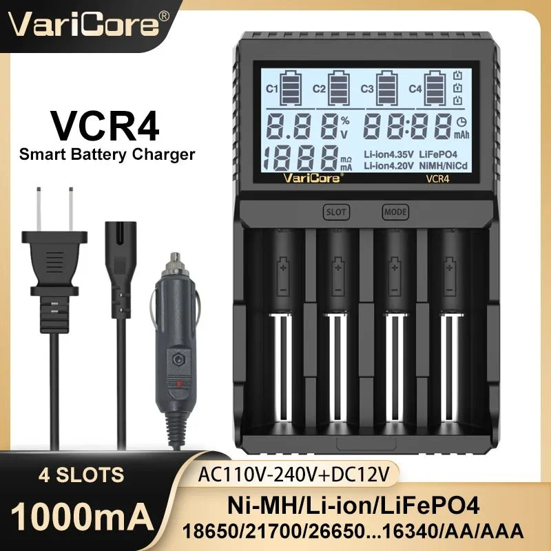 Chargeur intelligent avec écran LCD pour batteries Li-ion 3,7V / LiFePO4 3,2V / Ni-MH 1,2V "VariCore VCR4/P4"