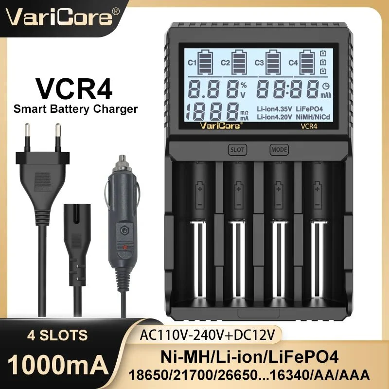 Chargeur intelligent avec écran LCD pour batteries Li-ion 3,7V / LiFePO4 3,2V / Ni-MH 1,2V "VariCore VCR4/P4"