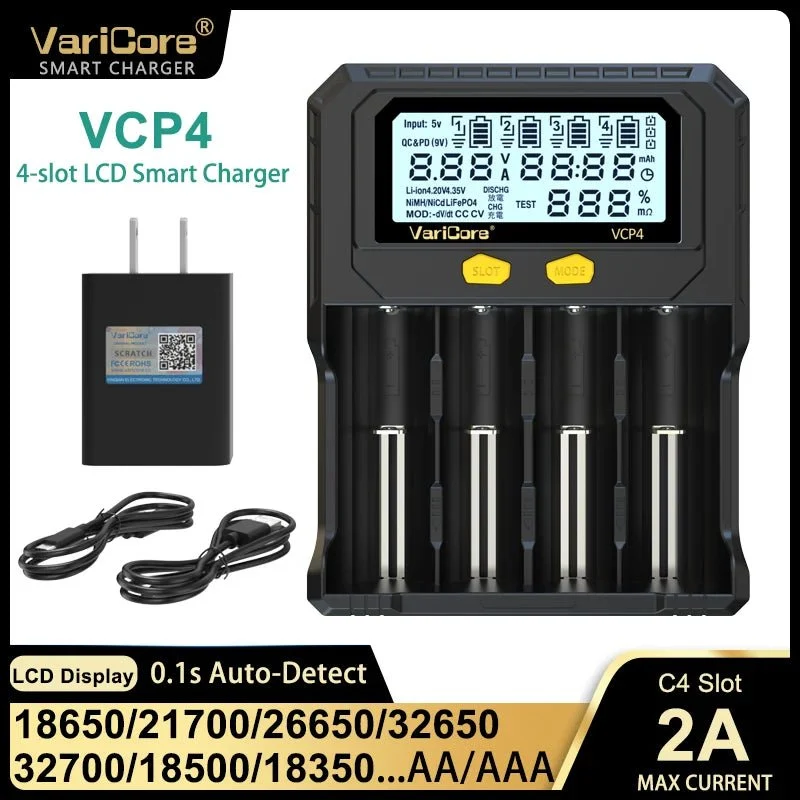Chargeur intelligent avec écran LCD pour batteries Li-ion 3,7V / LiFePO4 3,2V / Ni-MH 1,2V "VariCore VCR4/P4"