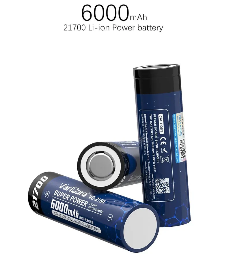 Batterie rechargeable 3,7 V 6 000 mAh 21700 Li-ion pour lampe "VariCore - VC-2160"