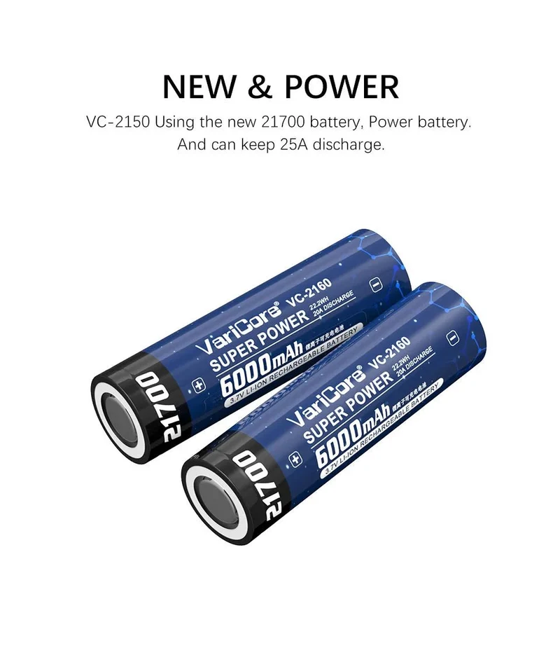 Batterie rechargeable 3,7 V 6 000 mAh 21700 Li-ion pour lampe "VariCore - VC-2160"