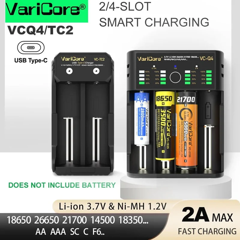 Chargeur intelligent portable pour batteries lithium 3,7V et 1,2 V Ni-MH Ni-Cd AA/AAA "VariCore VCQ4 TC2"