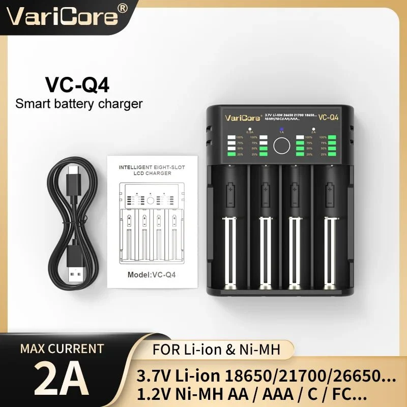 Chargeur intelligent portable pour batteries lithium 3,7V et 1,2 V Ni-MH Ni-Cd AA/AAA "VariCore VCQ4 TC2"