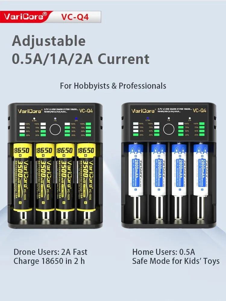 Chargeur intelligent portable pour batteries lithium 3,7V et 1,2 V Ni-MH Ni-Cd AA/AAA "VariCore VCQ4 TC2"