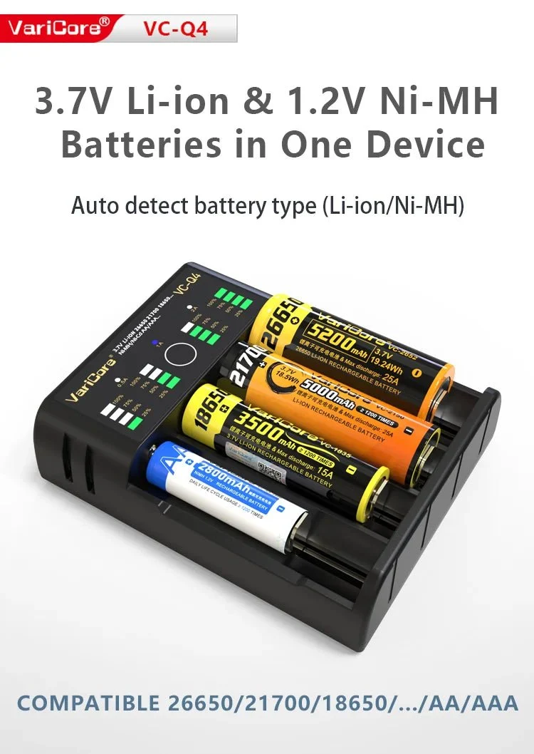 Chargeur intelligent portable pour batteries lithium 3,7V et 1,2 V Ni-MH Ni-Cd AA/AAA "VariCore VCQ4 TC2"